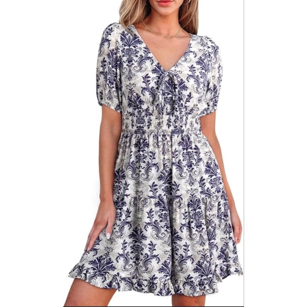 NEW Deep V Neck Bow Tie Blue Puff Sleeve Elastic Shirred Waist Dress 2X